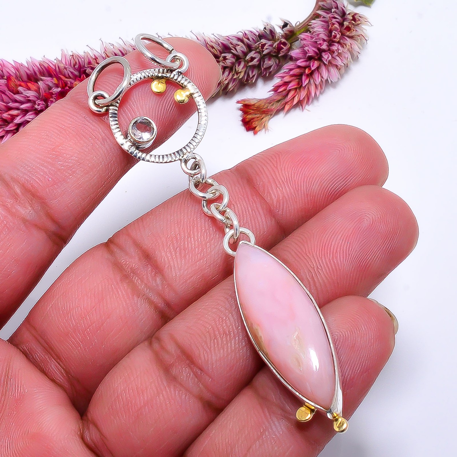 Pink Opal – Peru & Pink Kunzite 925 Solid Silver Two Tone Pendant 2.89″ P1037118