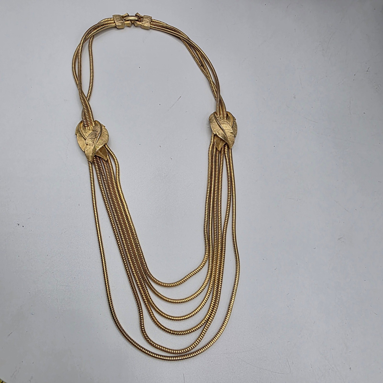 Vintage Gold Tone Multi Strand Snake Chain Leaf Accent Layered Necklace 17in