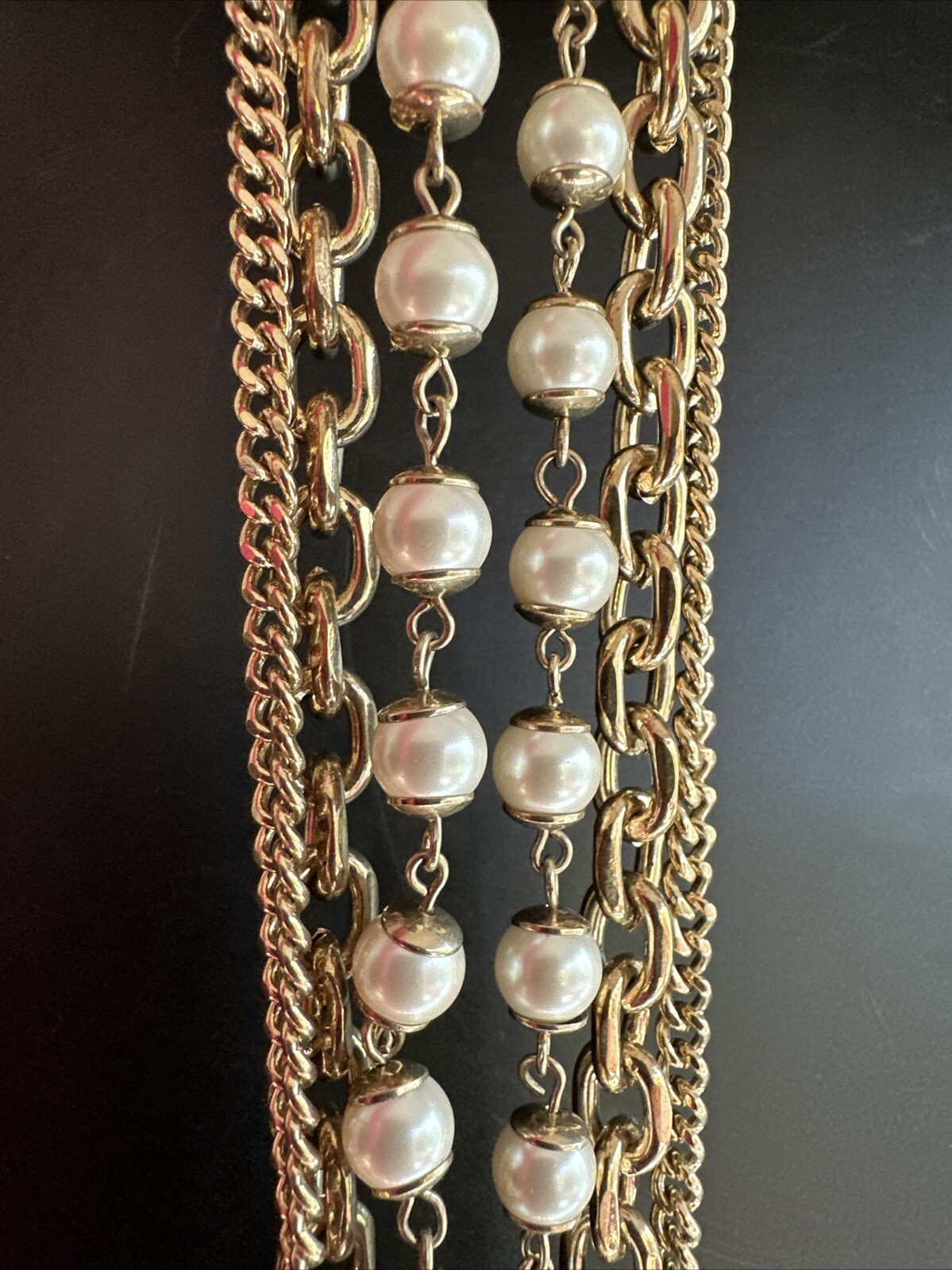 Ann Taylor Gold Plated Pearl Layered Chains Necklace Massive Long 30in. 20mm