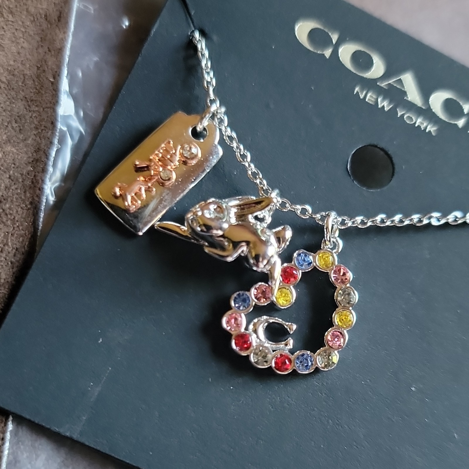 Coach Necklace with Heart Bunny & Hang Charm Silver Tone