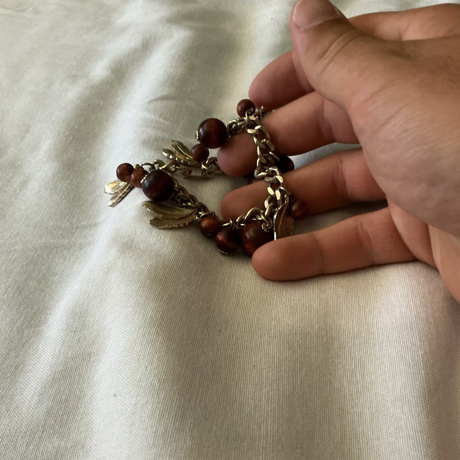 Gold Tone Leaf Dangle Charm Bracelet Brown Beads Cable Chain Lobster Clasp
