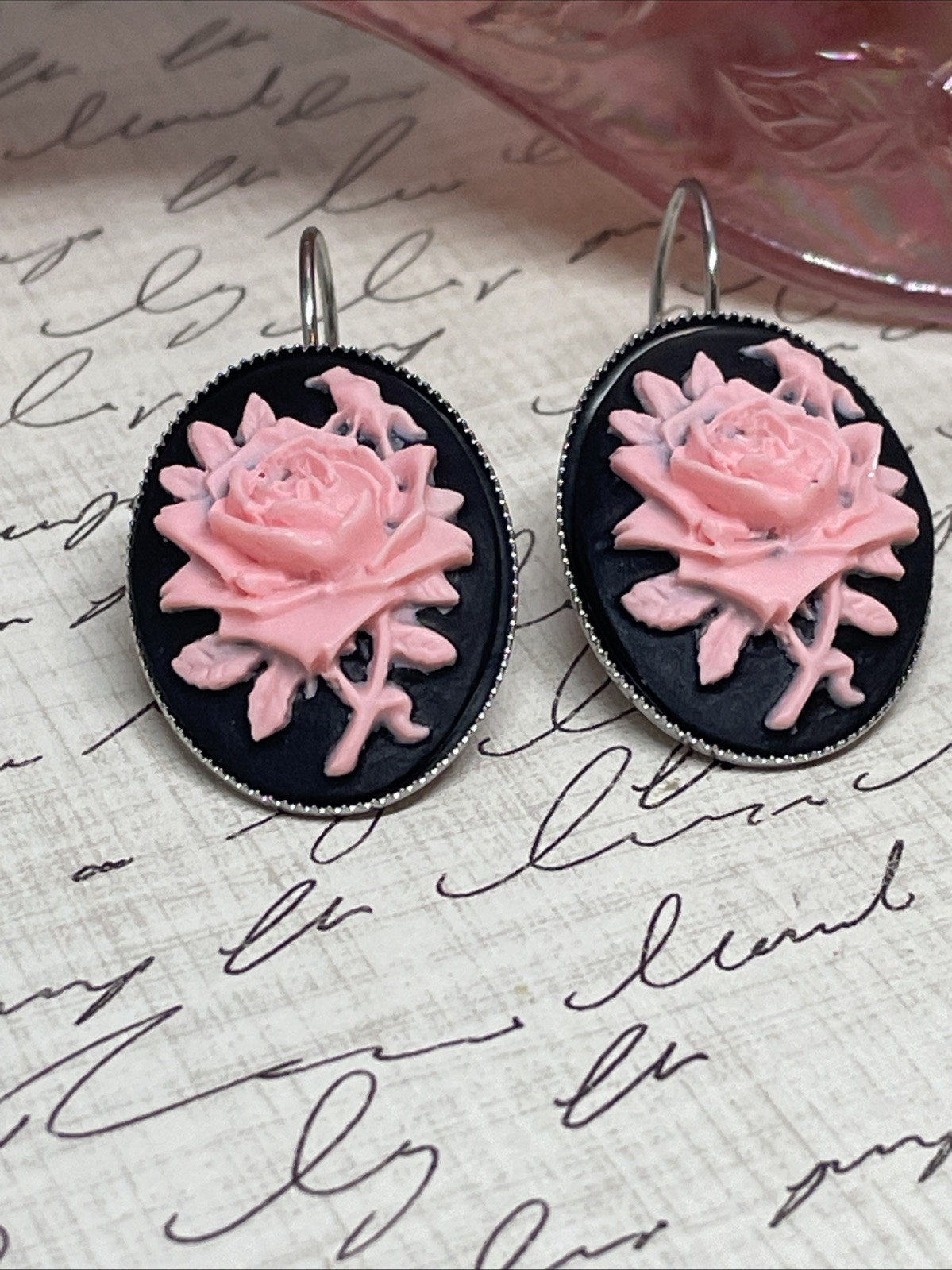 Silver BLACK Pink Rose Cameo Earrings Birthday Anniversary Gift French Gothic