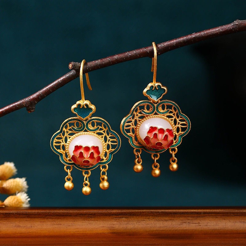 Gold-Plated Peony Ruyi Lock Earrings Vintage Chinese Style Tassel Jewelry