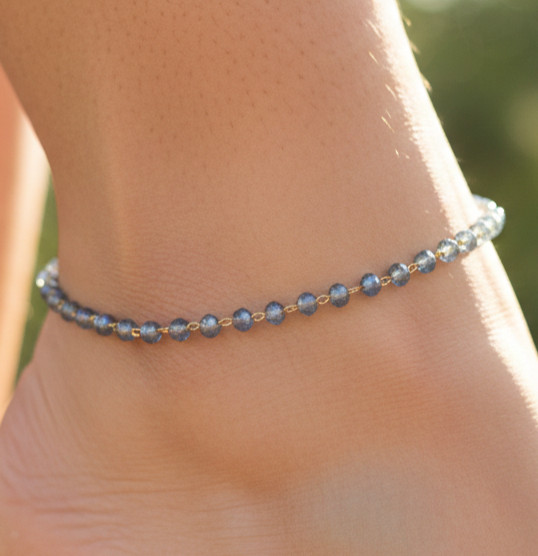 Elegant Minimalist Beaded Boho Anklet Sapphire Blue Stone Gold Color Plated