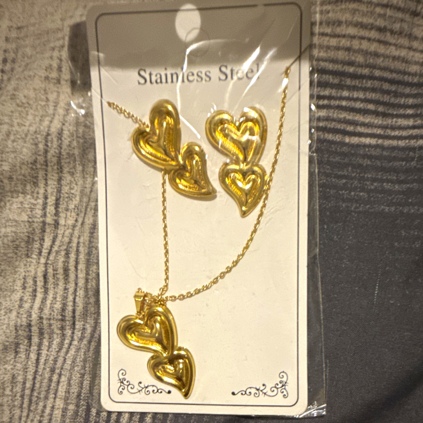 Gold Tone Stainless Steel Heart Necklace & Earrings Set, Nickel-Free
