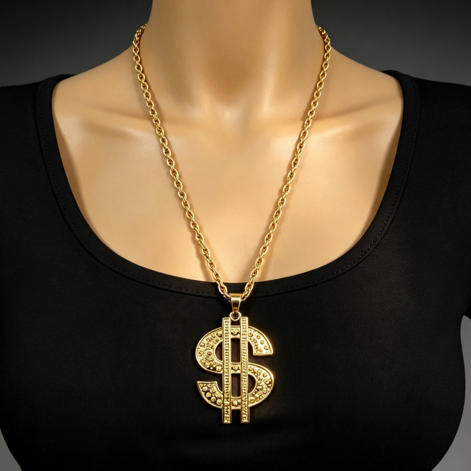 Oversized Gold Dollar Sign Pendant Long Chain Hip Hop Statement Necklace for Men