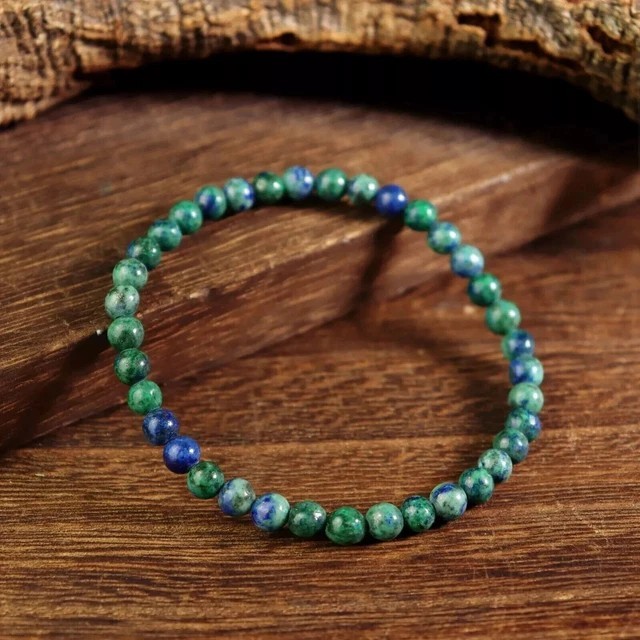 Azurite Malachite Gemstone Stretch Dainty Bracelet Minimalist 4mm Round Beads