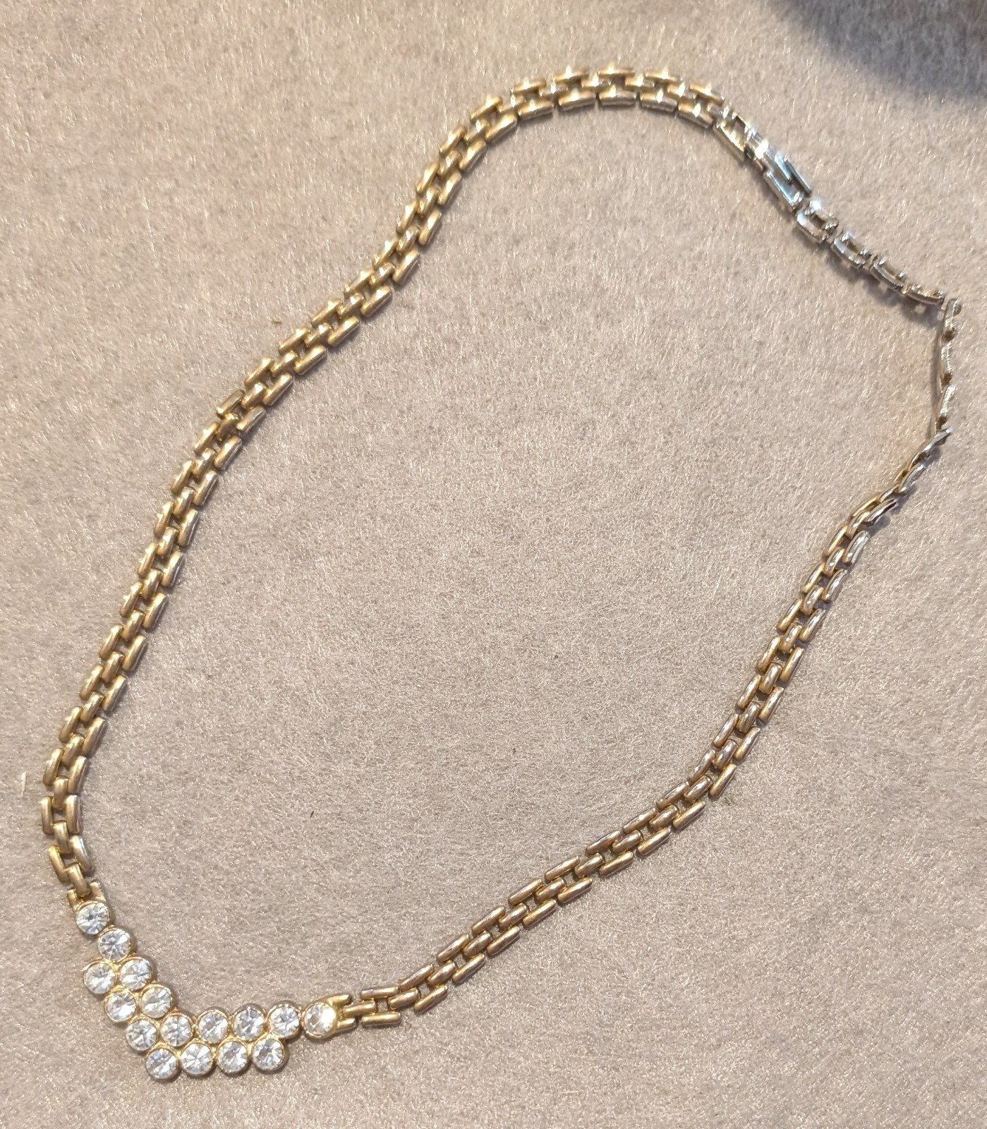 Gold Tone Box Chain Necklace Clear Round Crystal Station Cluster Pendant