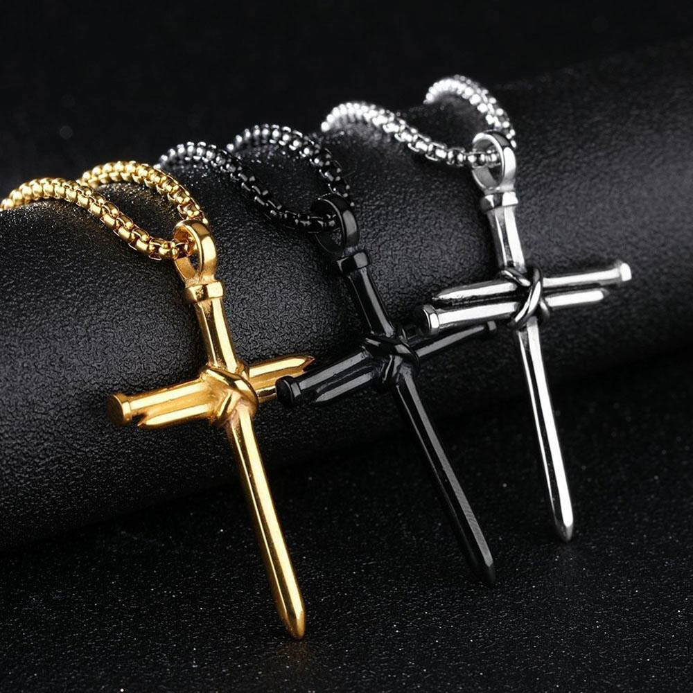 Nail Cross Pendant Necklace – Alloy Metal, 3 Colors, 24″ Rounded Box Chain