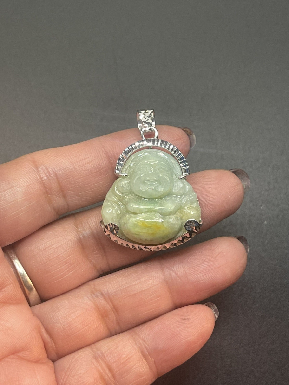 Maitreya Laughing Buddha 100% Natural Jade with Silver . Hand sculpted.No Dyed.
