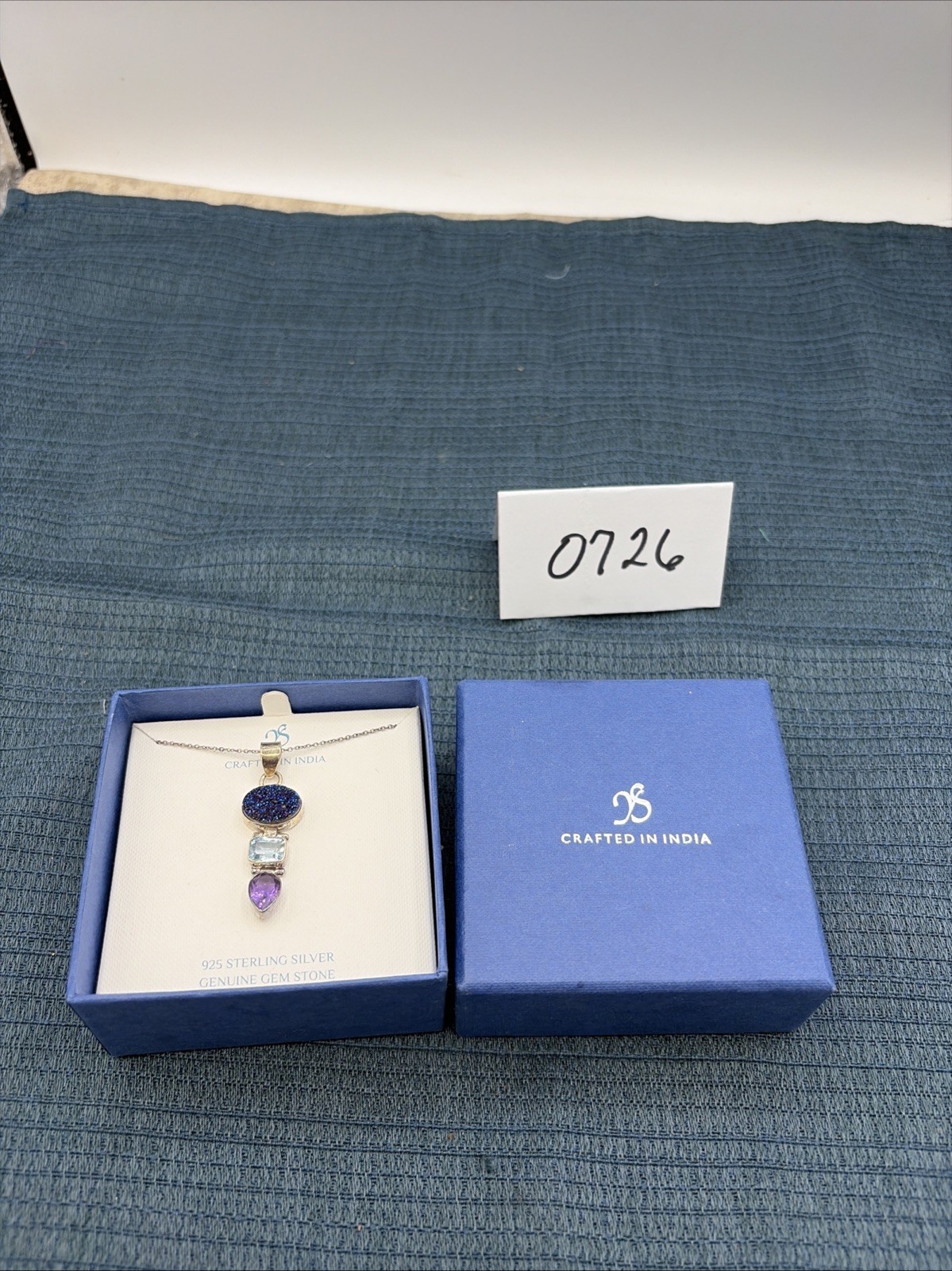 India 925 Sterling Silver Drusy Quartz Amethyst Topaz Pendant Necklace In Box