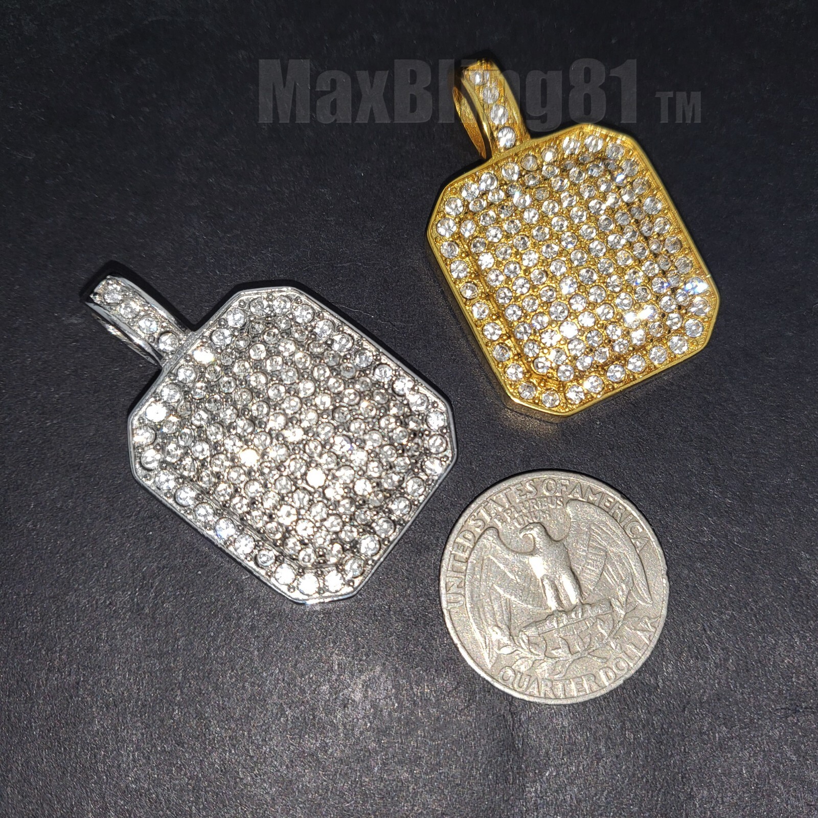 Stainless Steel Gold Tone Hip Hop Iced Cubic Zirconia DOG TAG Square Pendant