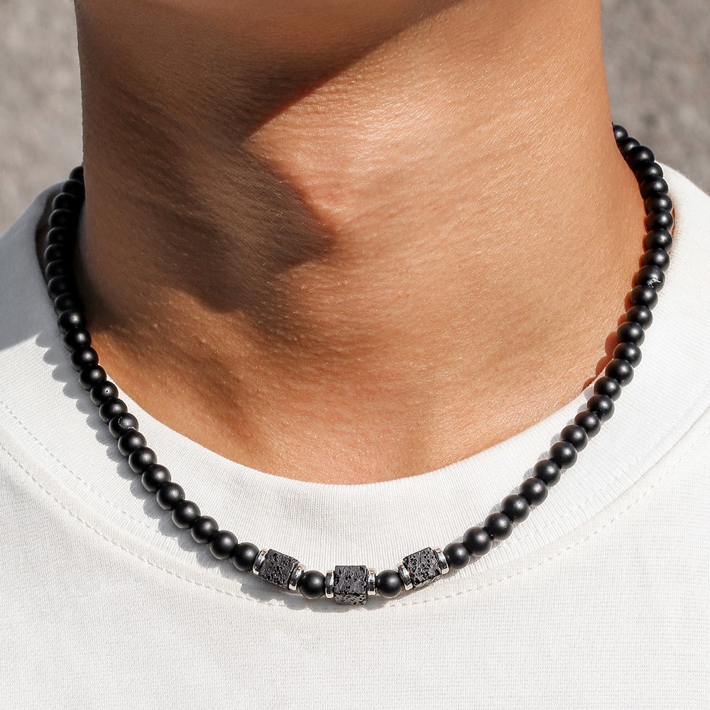 Mens Boho Necklace Natural Lava Stone Wood Beads Surfer Handmade Choker