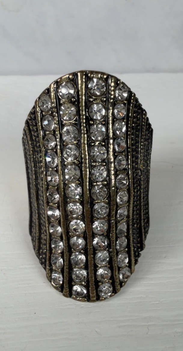 Antiqued Bronzetone/Clear Crystal Statement Ring Size 7.25 Wow!