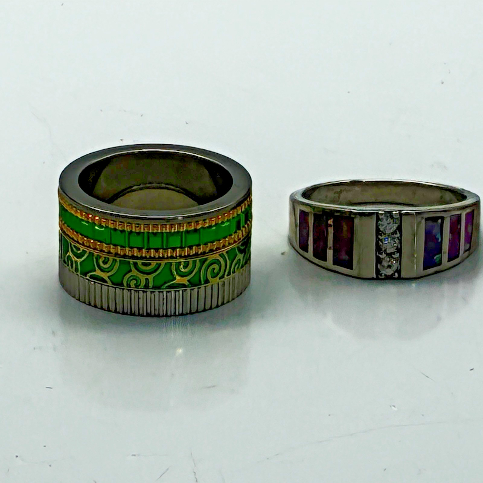 Ring Lot of 2 Green Enamel Wide Band and 925 Sterling Silver Crystal Inlay