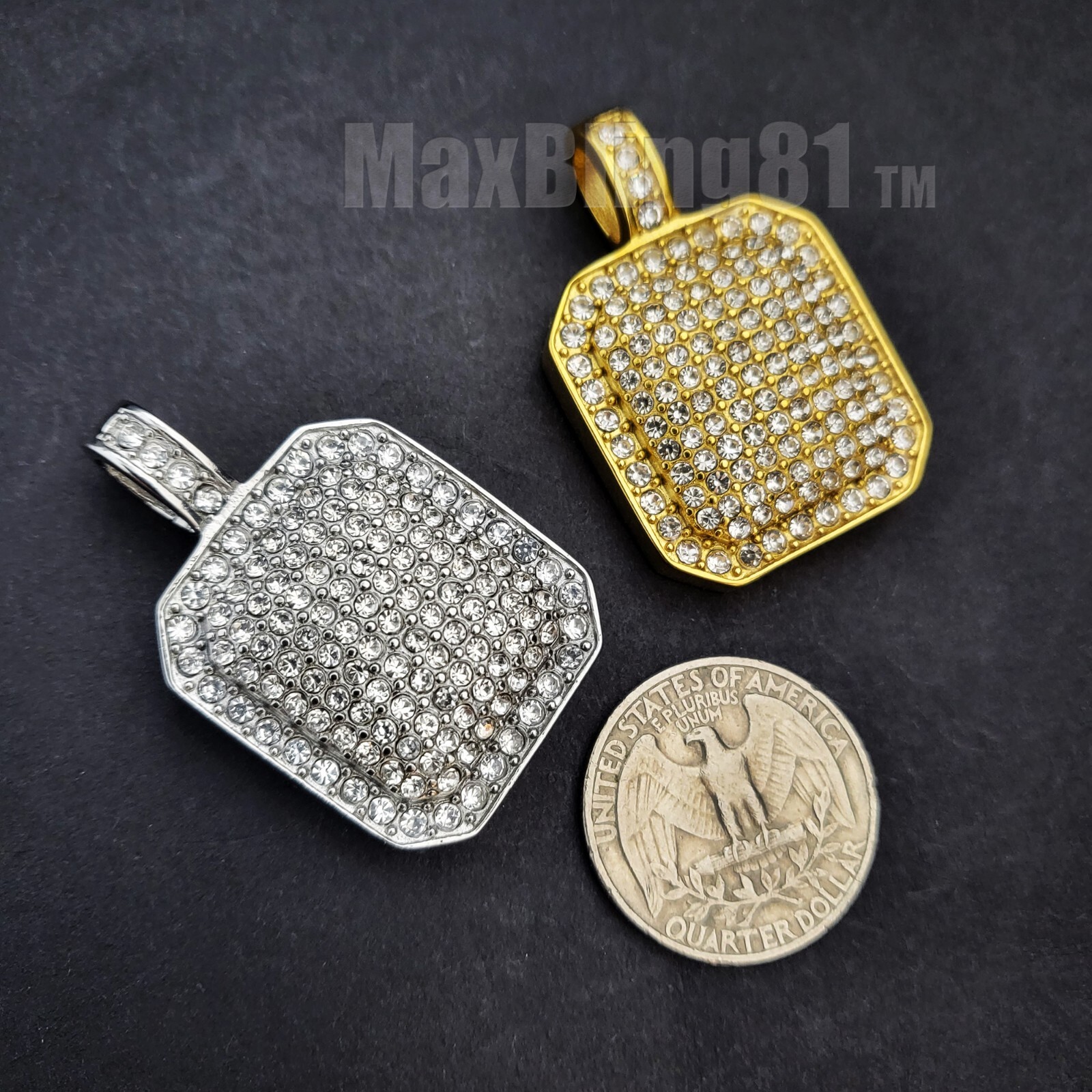 Stainless Steel Gold Tone Hip Hop Iced Cubic Zirconia DOG TAG Square Pendant