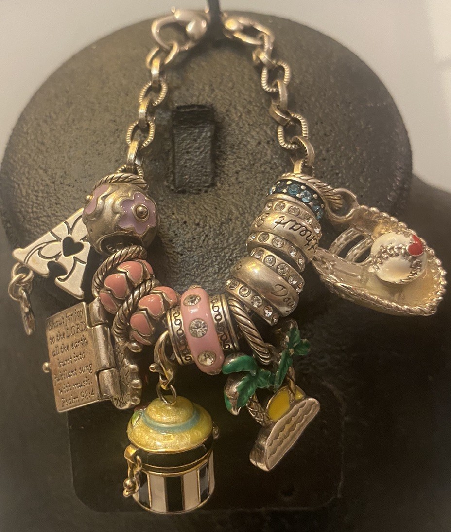 Brighton Signed Logo Enamel Rhinestone Bible Daughter Sweetheart Charm Bracelet
