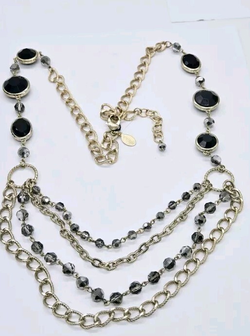 White House Black Market Necklace WHBM Gold tone Black Layered 35 in Statement