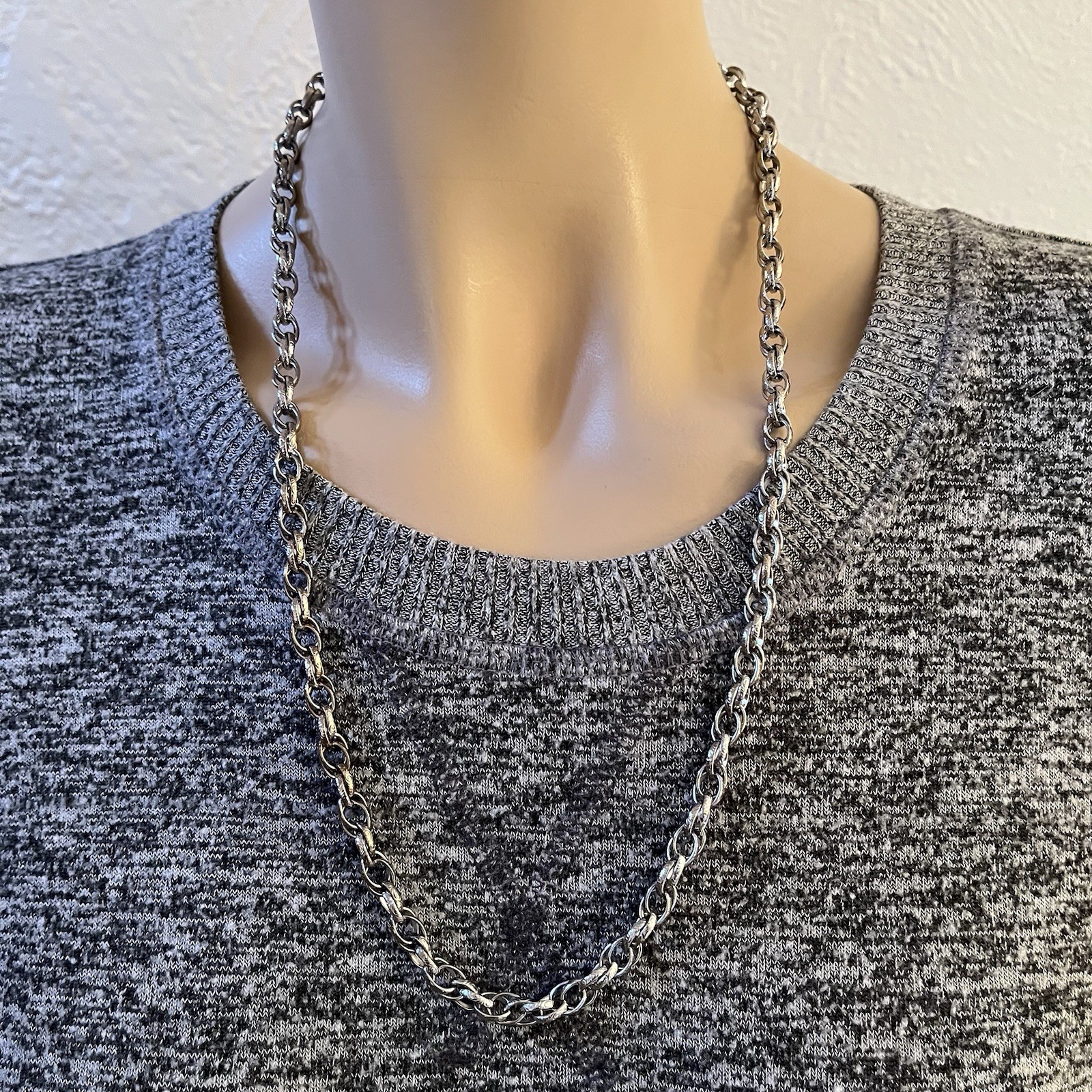 Silver Tone 24” Textured Double Rolo Oval Link Chain Necklace