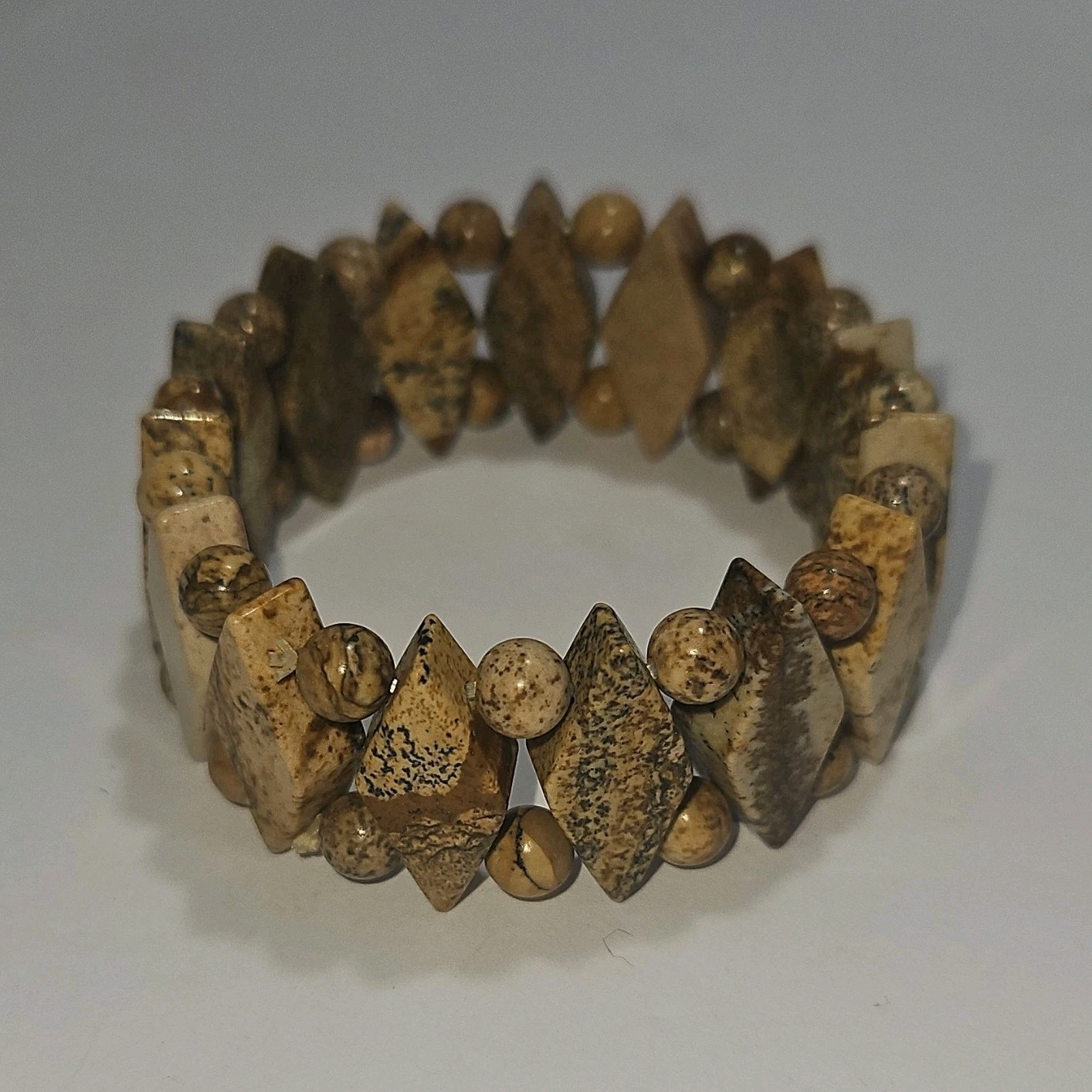 Brown & Beige Stone Beaded Stretch Bracelet, Diamond Shape, Slip-On