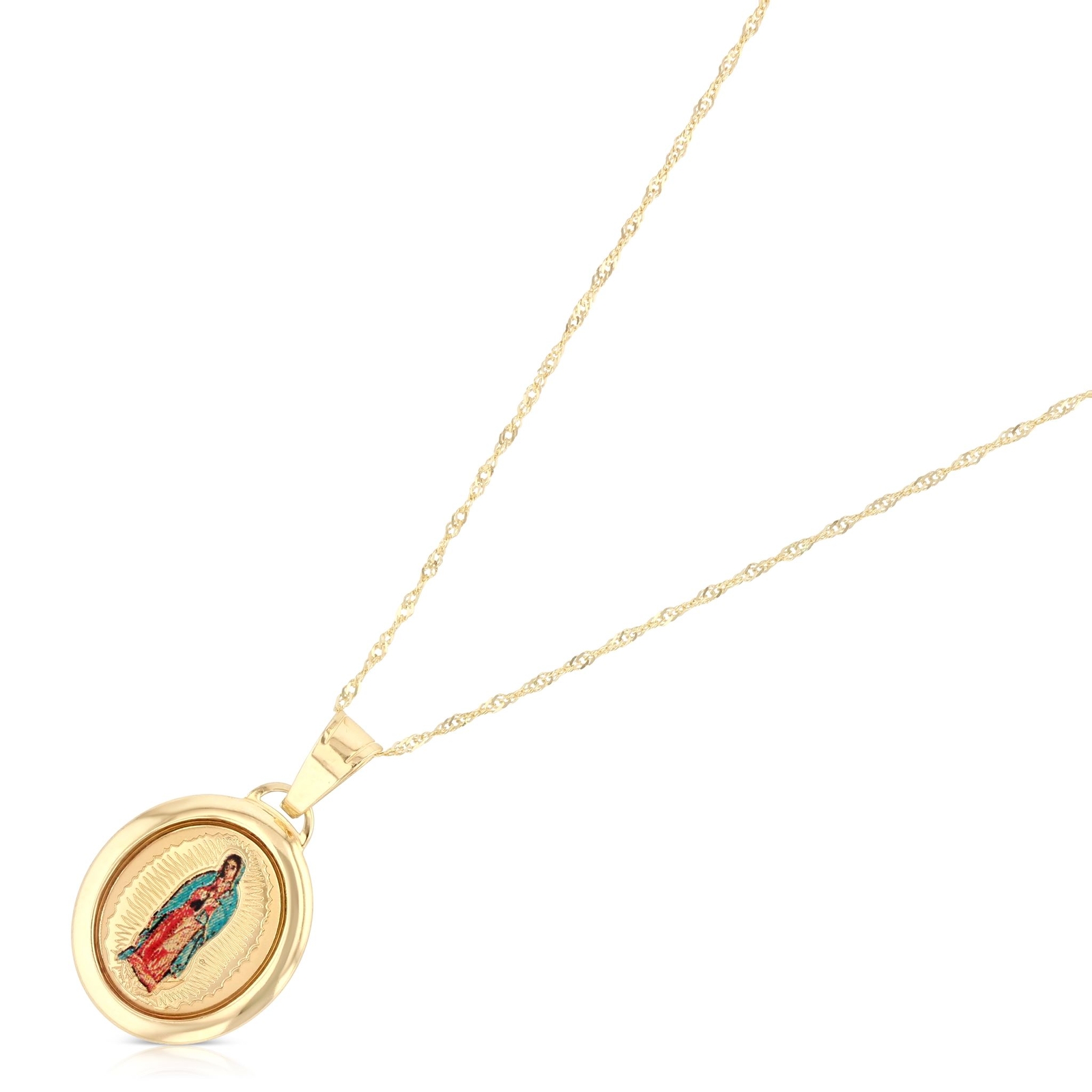 14K Yellow Gold Our Lady of Guadalupe Enamel Picture Charm Pendant with 0.9mm Si