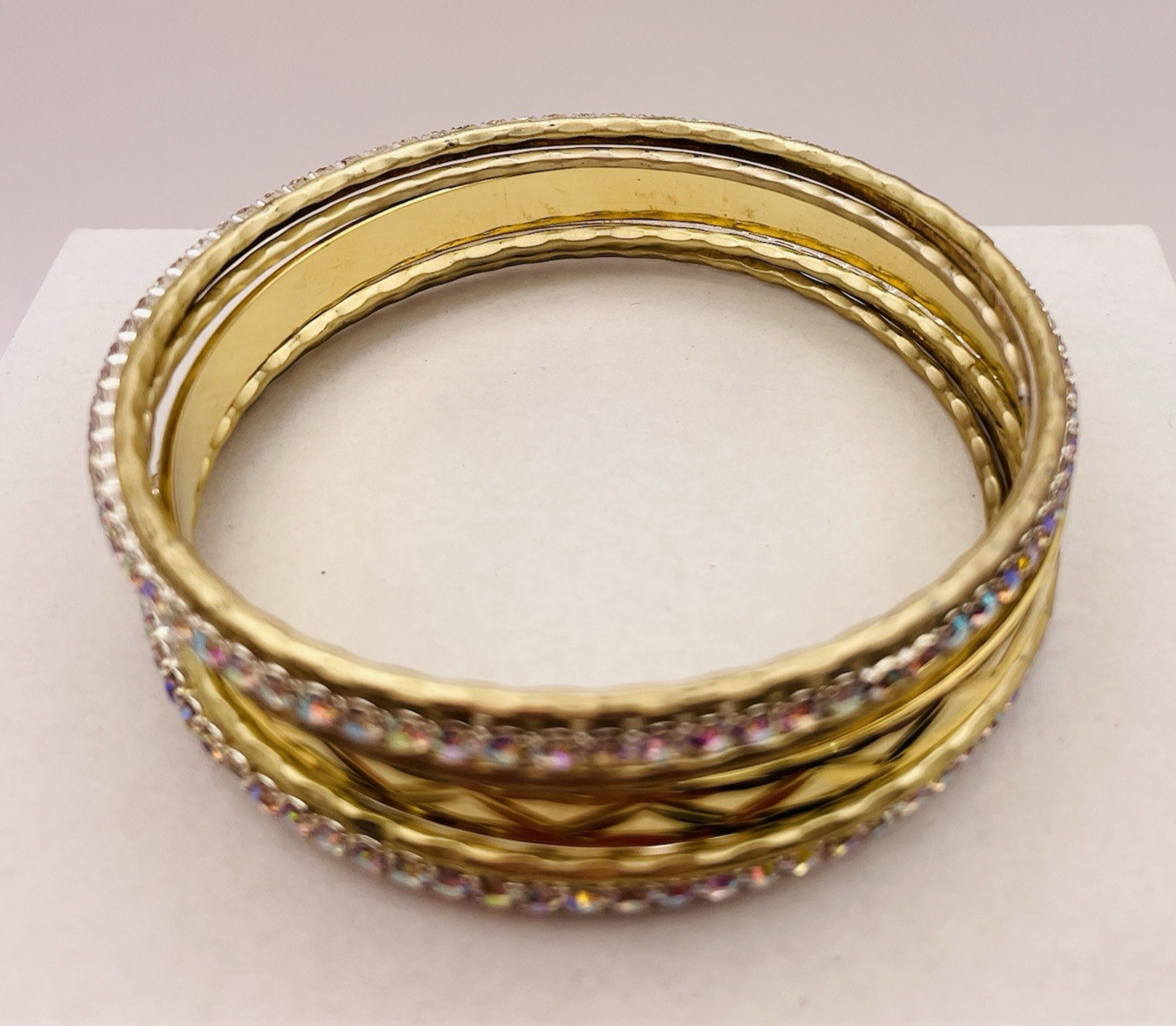 Gold And Silver Tone 7 Stackable Bangle Bracelets AB Rhinestones Engraved