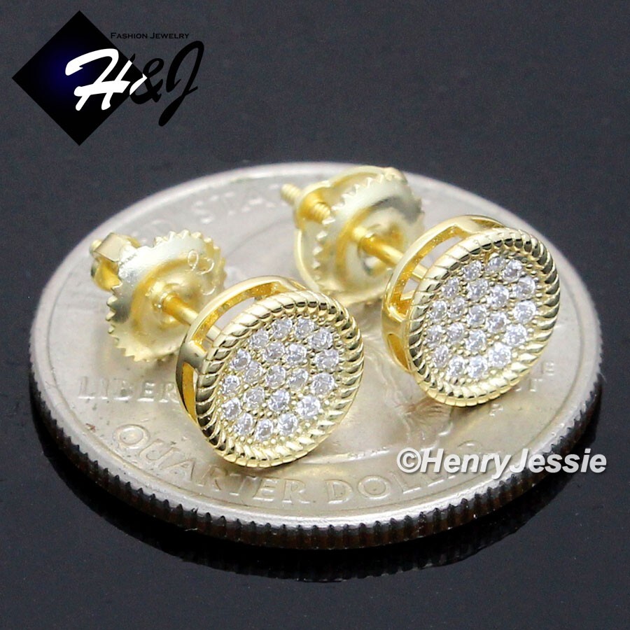 MEN 925 STERLING SILVER ICY MOISSANITE 8MM GOLD PLATED ROUND STUD EARRING*MGE256