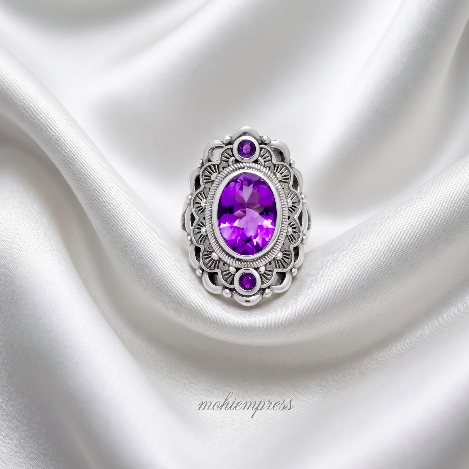 925 Sterling Silver Vintage Victorian Style Natural Amethyst Statement Ring