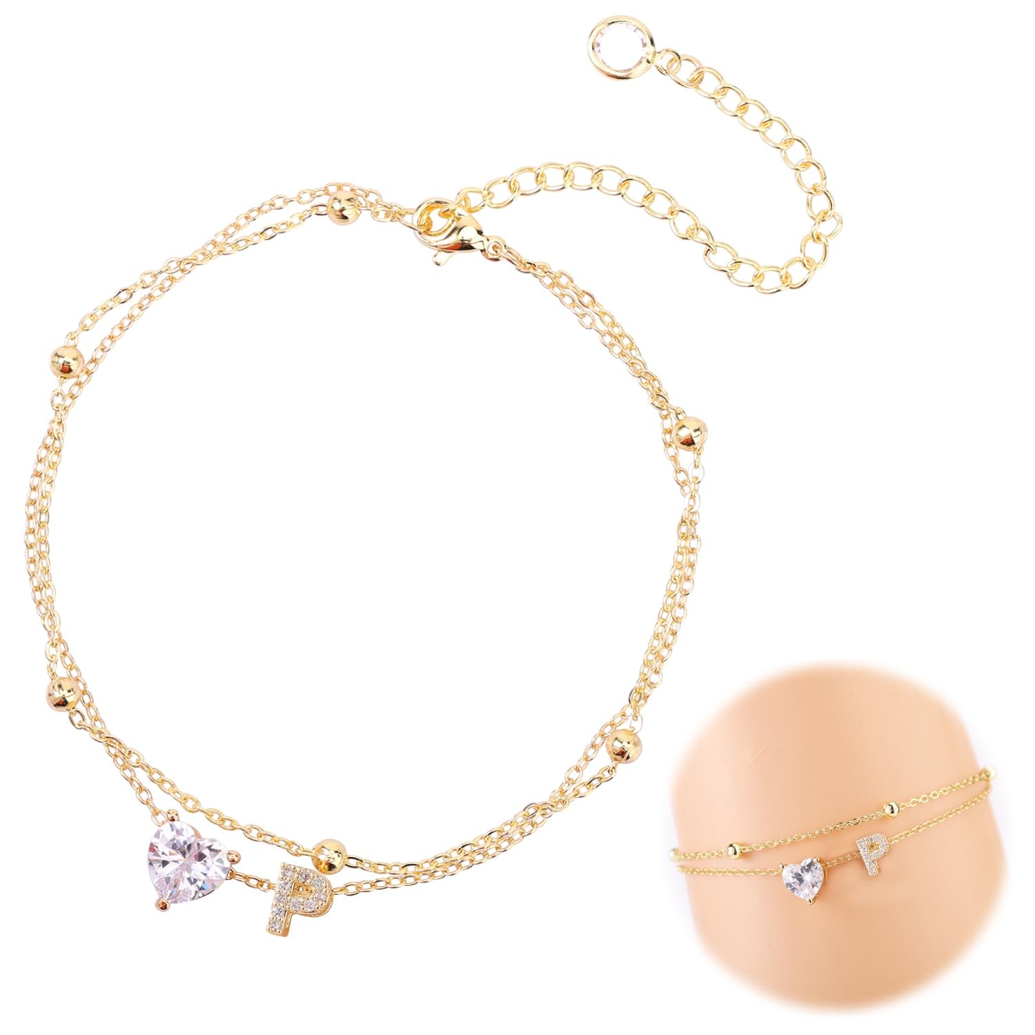 Gold Initial Anklet for Women, Adjustable Letter A-Z, Heart Shaped, 20cm