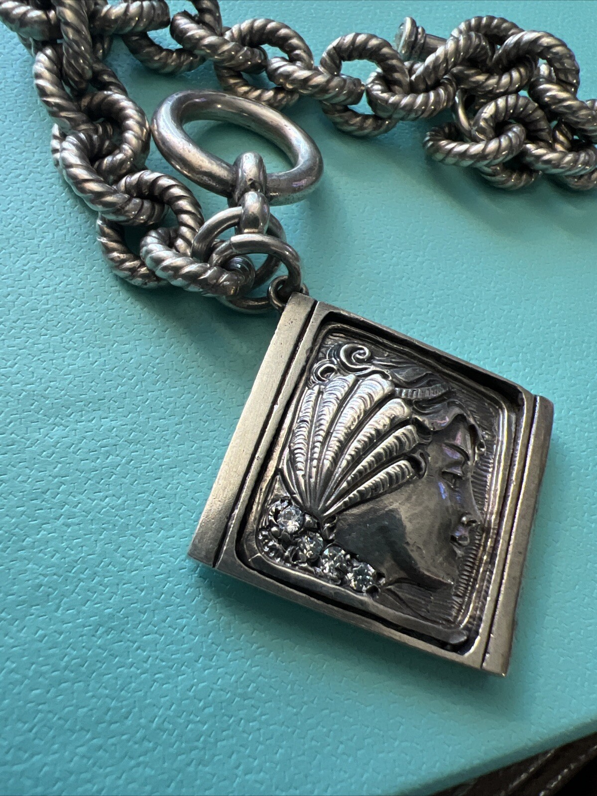 NATALIE BARONI Sterling Silver Portrait Charm Bracelet With Cz Signed 7.5”