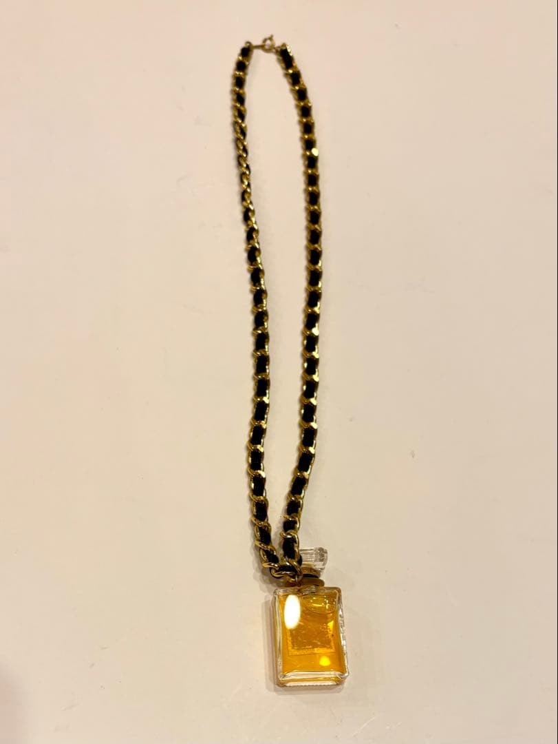 CHANEL Perfume Necklace Coco Logo Vintage Matelasse Chain Black Gold 58cm Womans