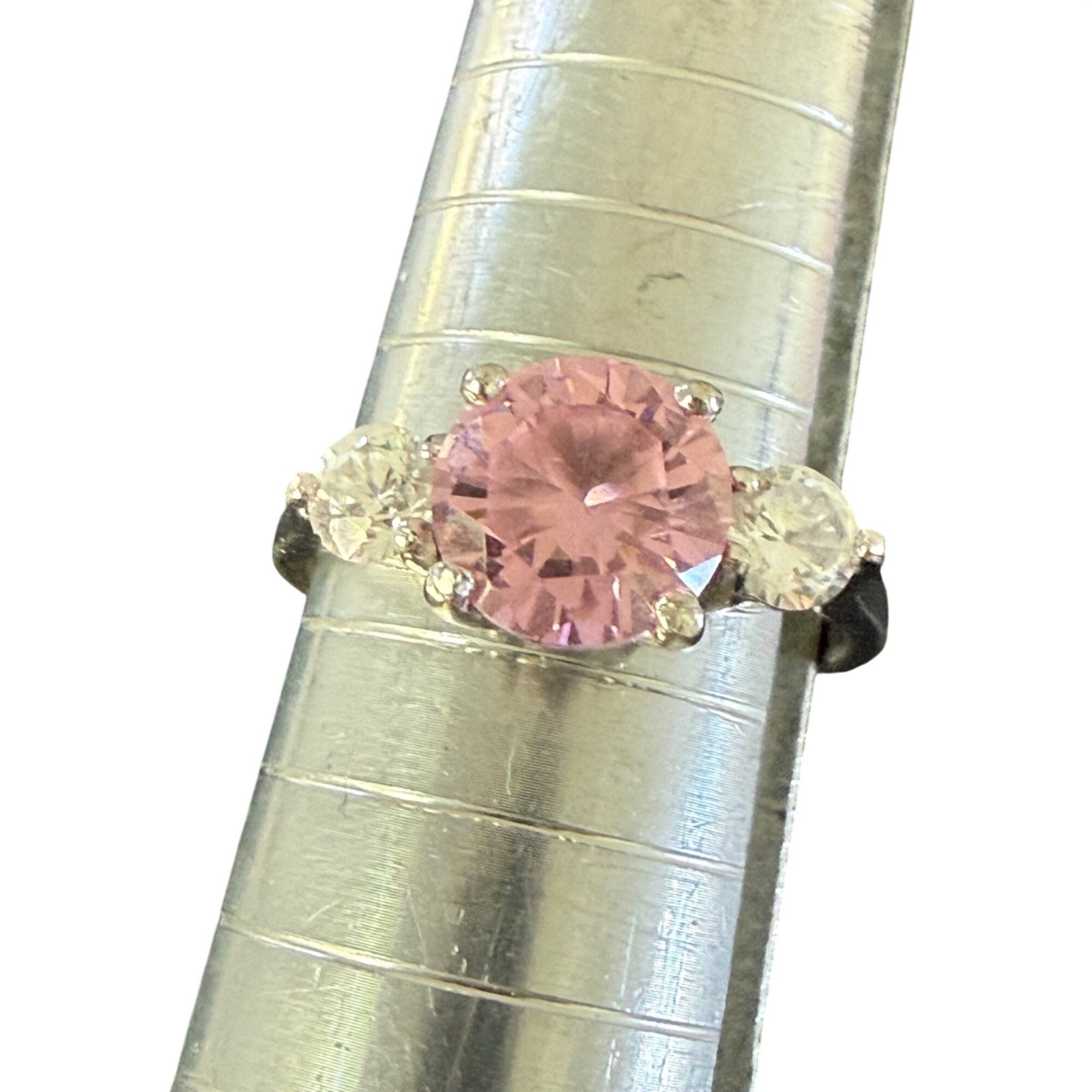 Sterling Silver Pink & White CZ Three-Stone Ring Oval Cut Size 9 Classic Design