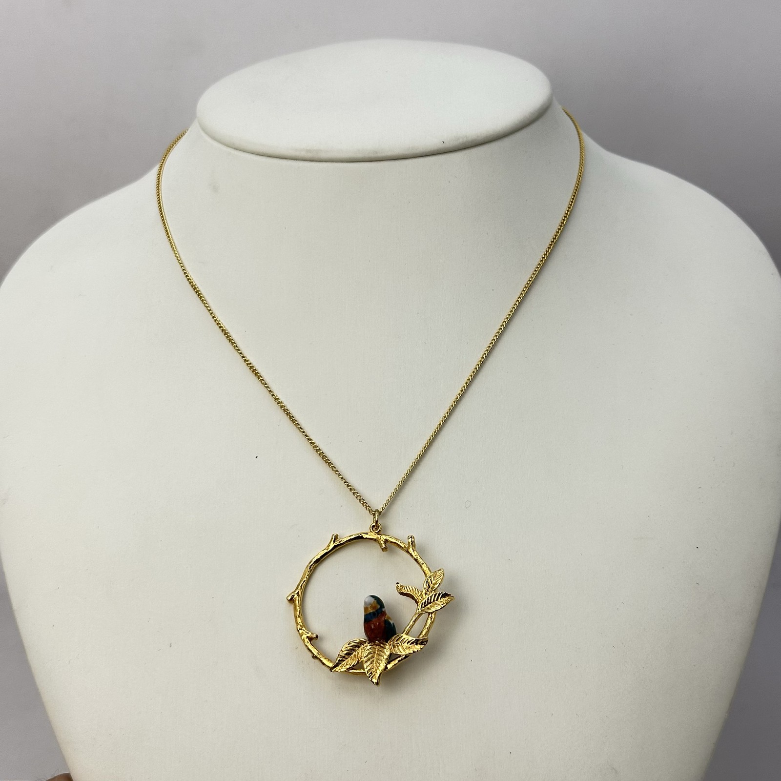 Nach Womens Bird On Round Branch Porcelain Necklace Gold Plated Brass 21″