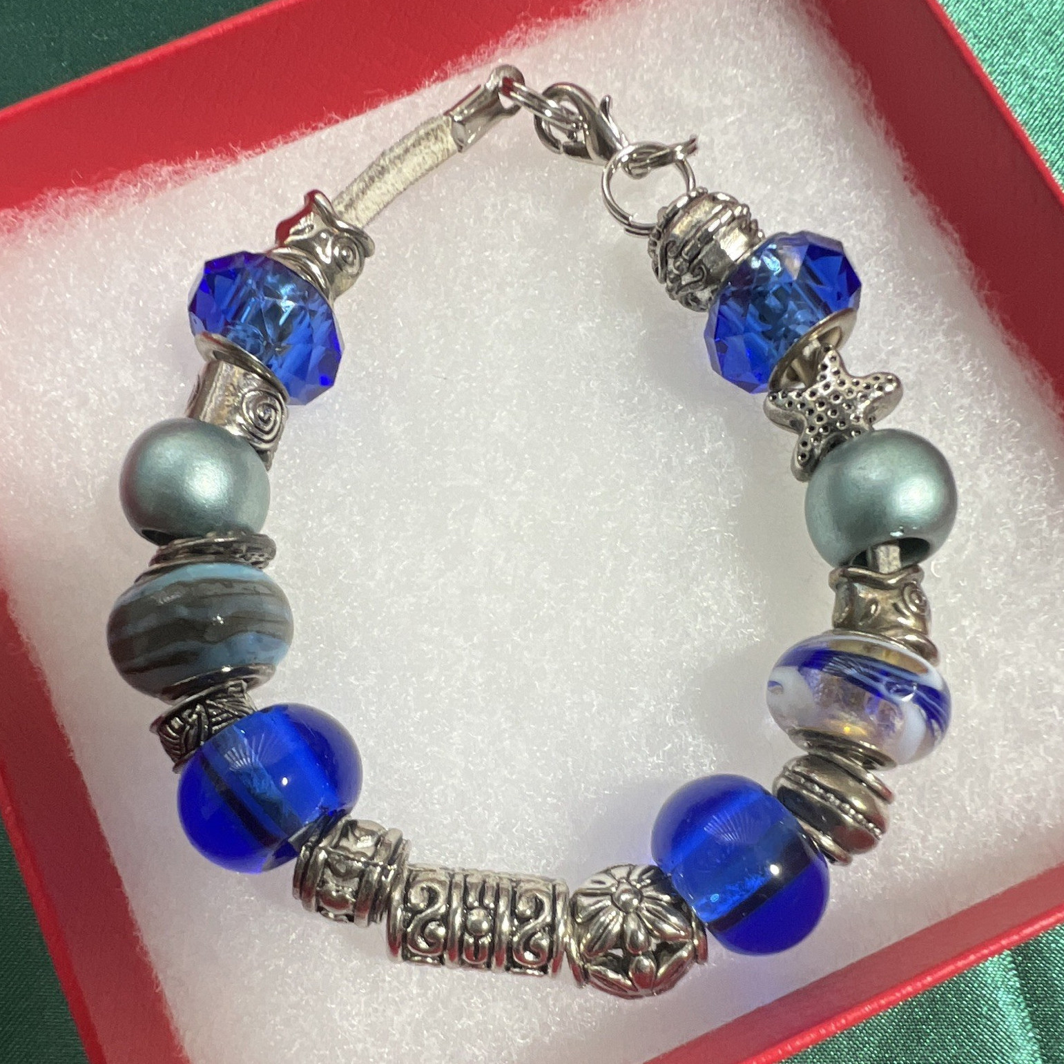 Blue Gray Glass Beaded Charm Bracelet Silver-Tone Lobster Clasp Round Beads