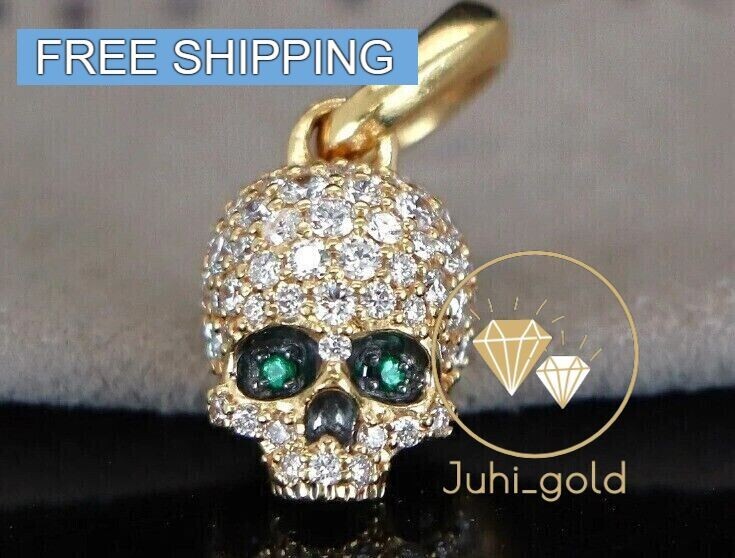 3.20CT Round Simulated Emerald Diamond Skull Head Pendant 14k Yellow Gold Plated