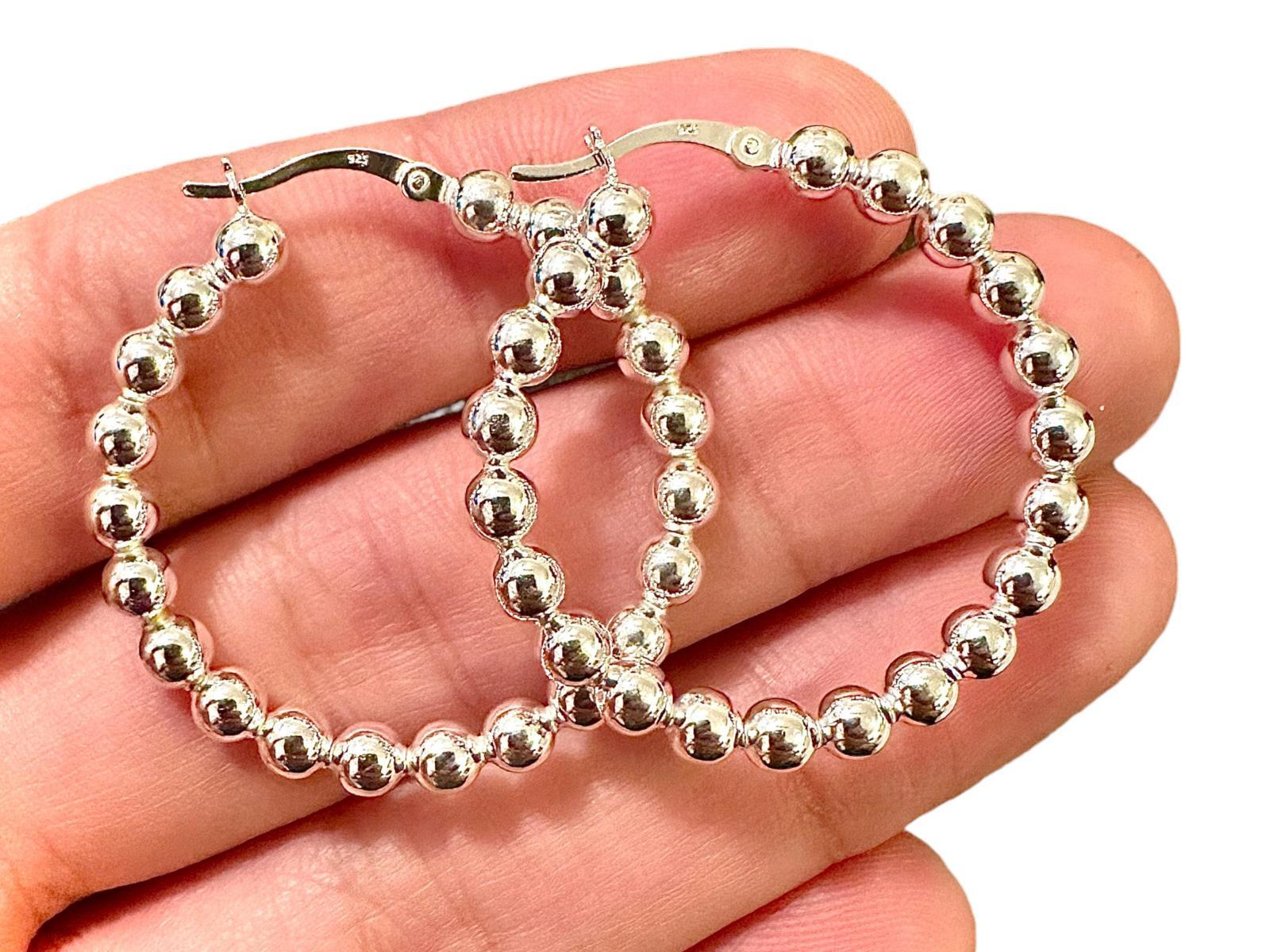 925 Sterling Silver Hoop Earrings 35mm Beaded Ball Hoops Women