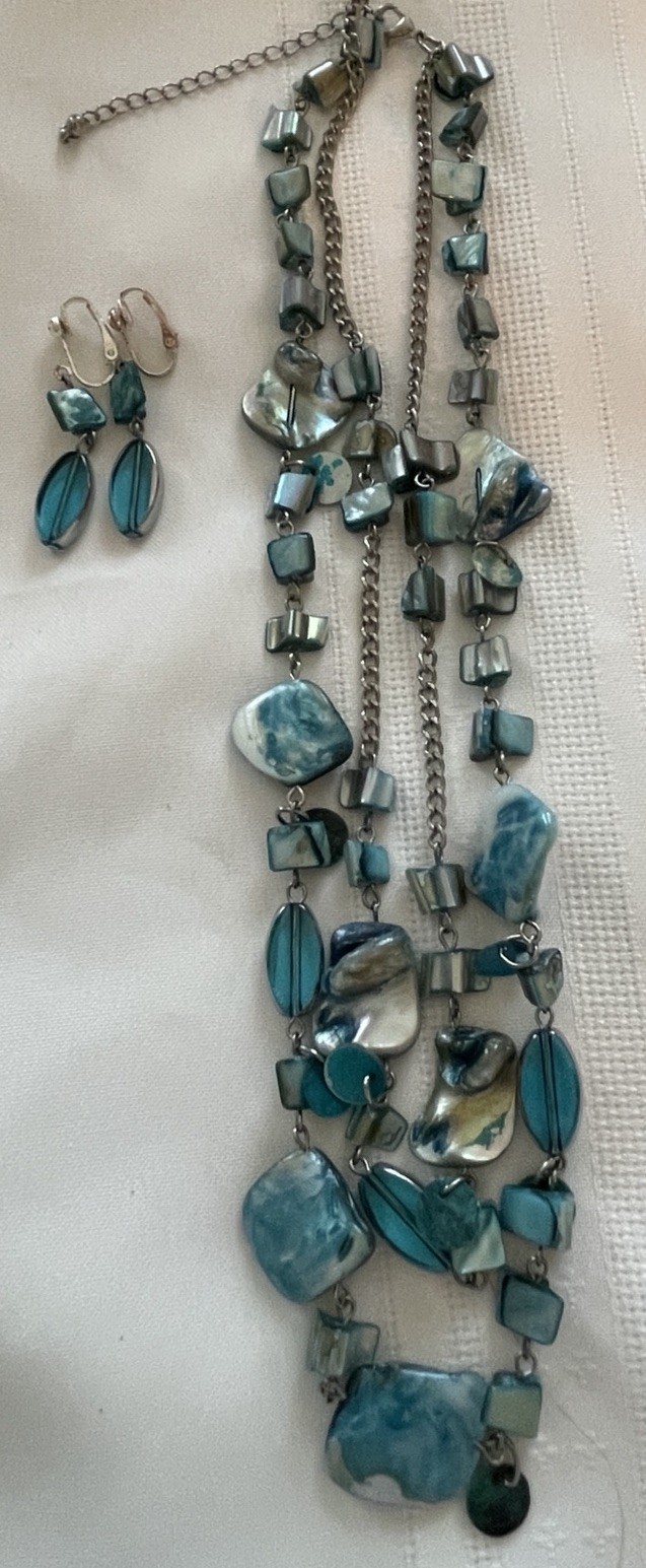 2 Iridescent Shell Bead & Metal Accent Necklaces / Pair Matching Clip Earrings