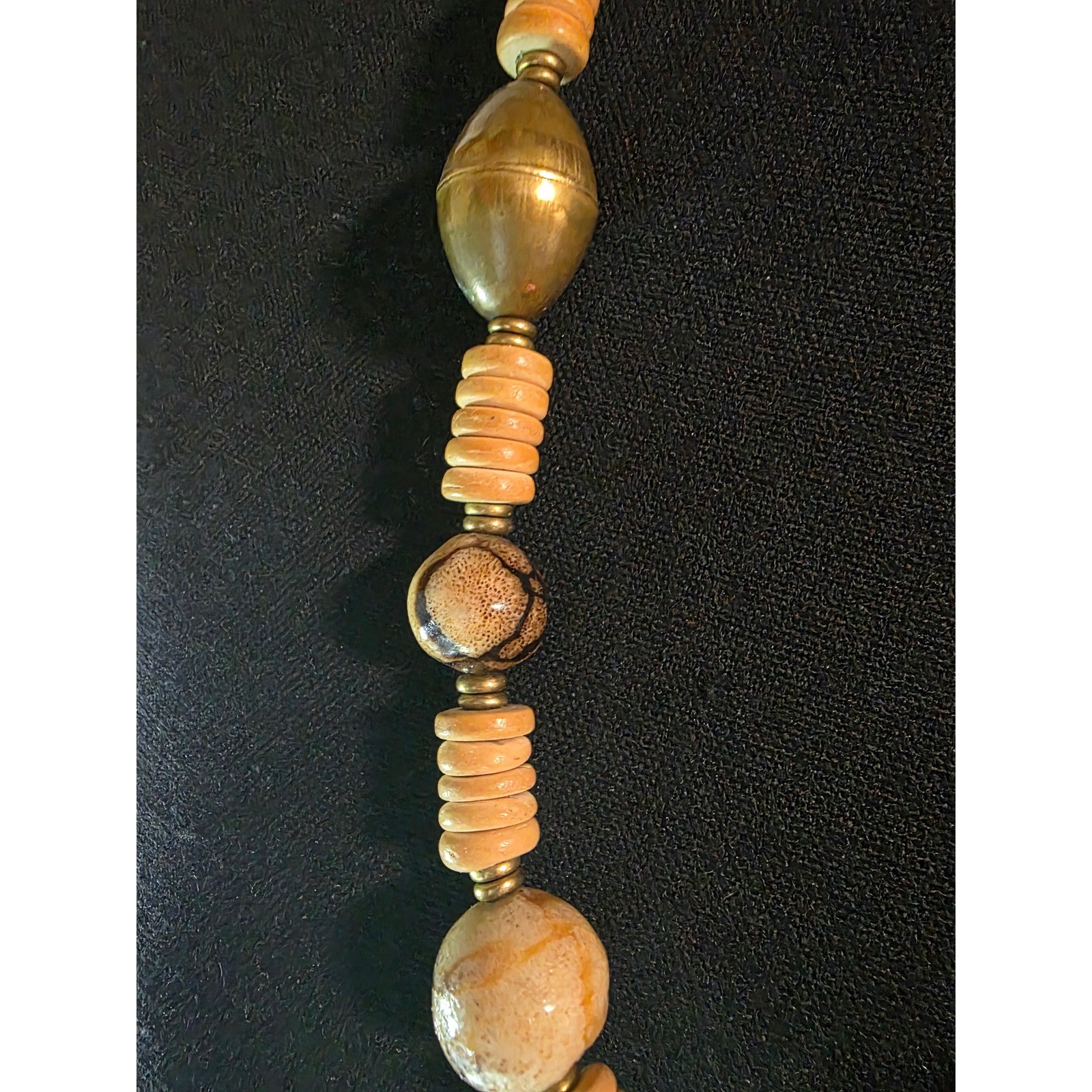 Boho Chunky Picture Jasper Bead Wooden Disc Brass Statement Necklace Bohemian