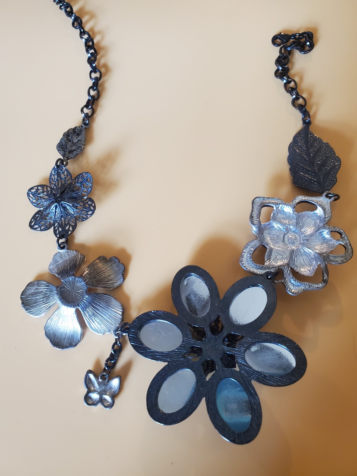Park Lane Statement Necklace Crystal Pearl Flowers Leaves Butterfly Black Chain