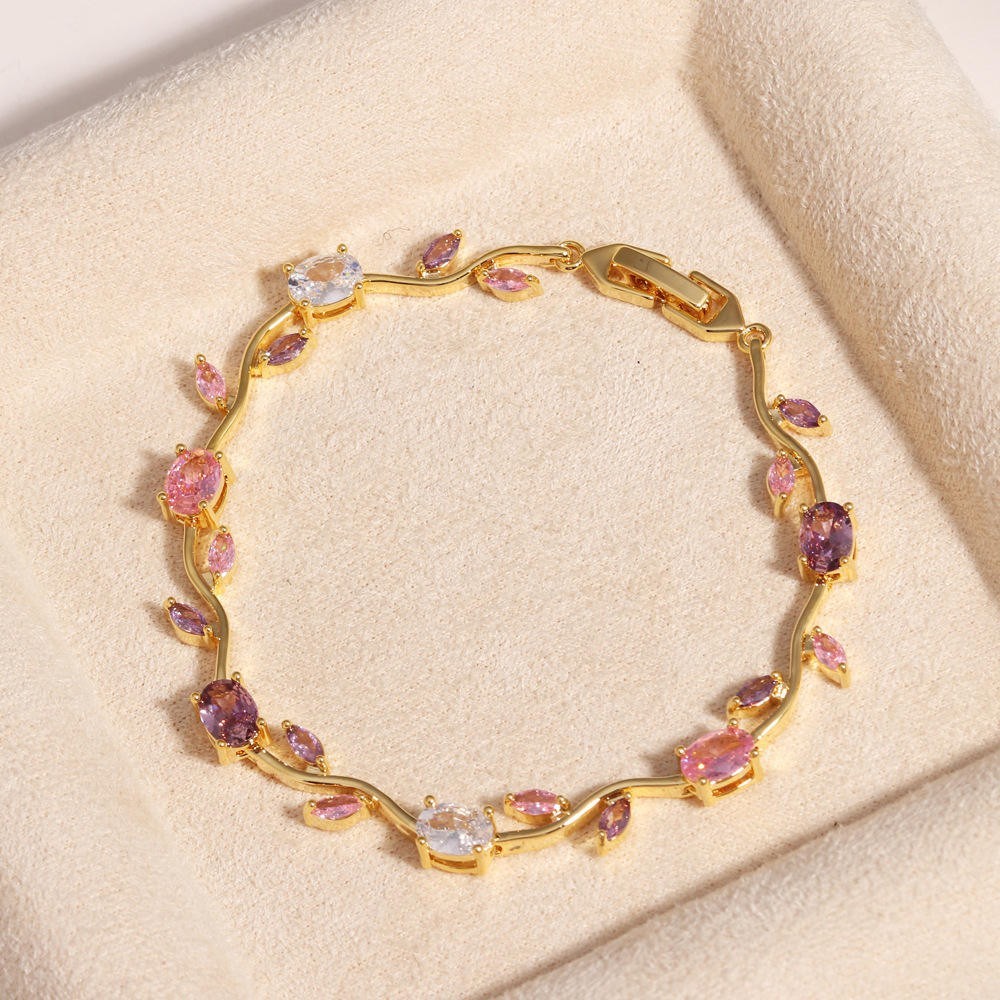 Oval Multi Sapphire Gold Plated Clear Bracelet Leaf Vine Link Fashion Jewelry