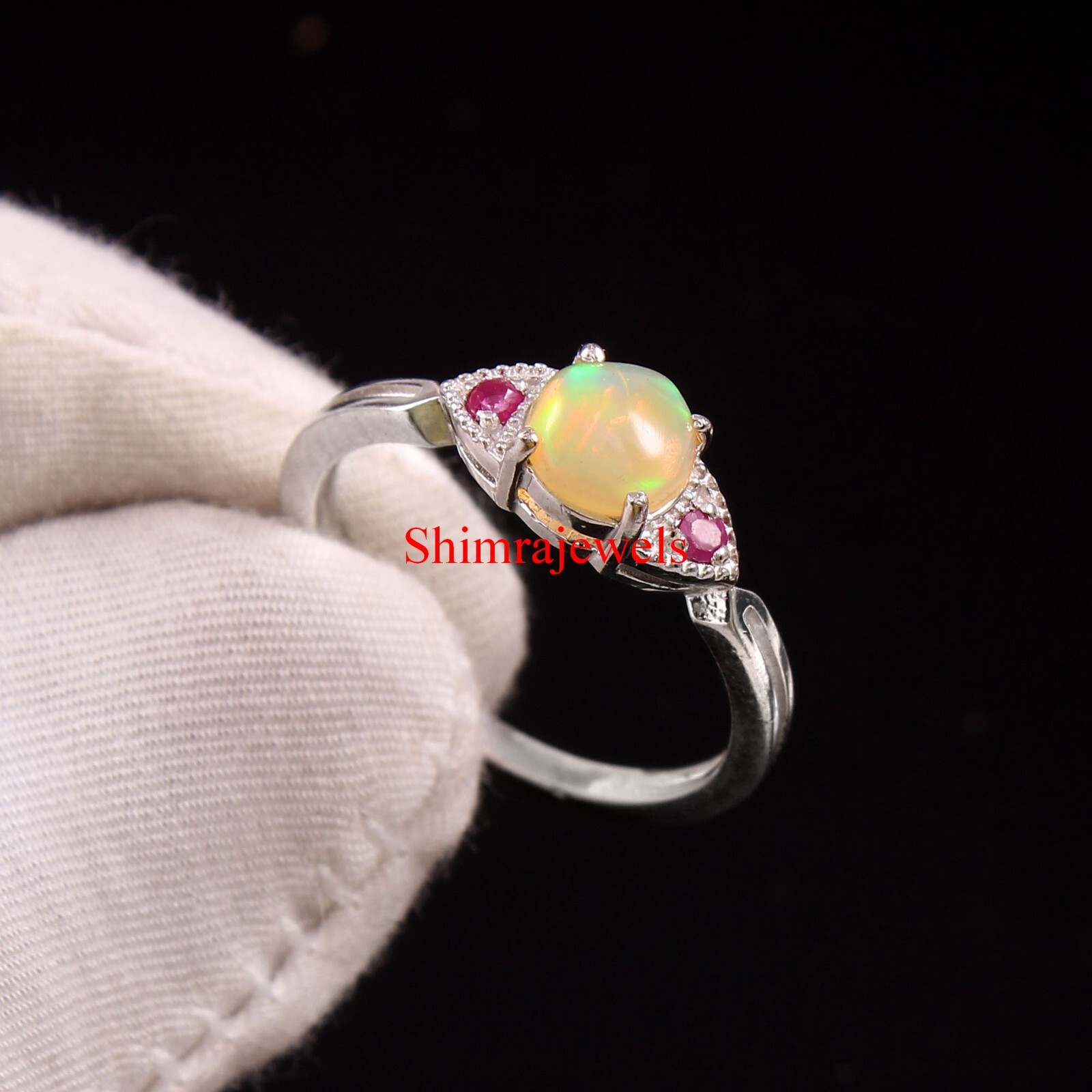 Natural Opal & Heated Ruby With 18K White Gold Plated Silver Women’s Ring #658