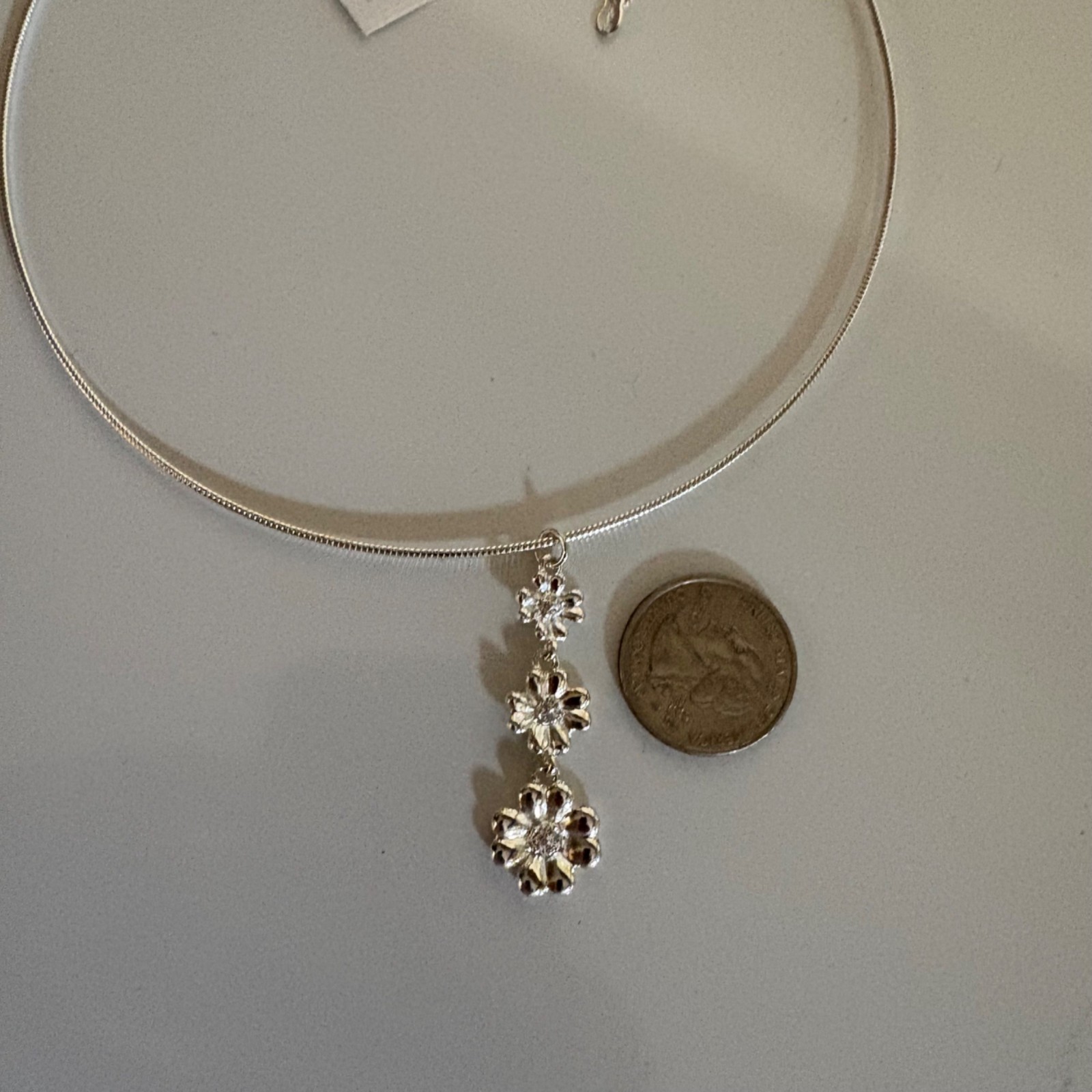 Monet Silver-Tone Drop Pendant Necklace Triple Metal Clovers Rhinestone 2004 VTG