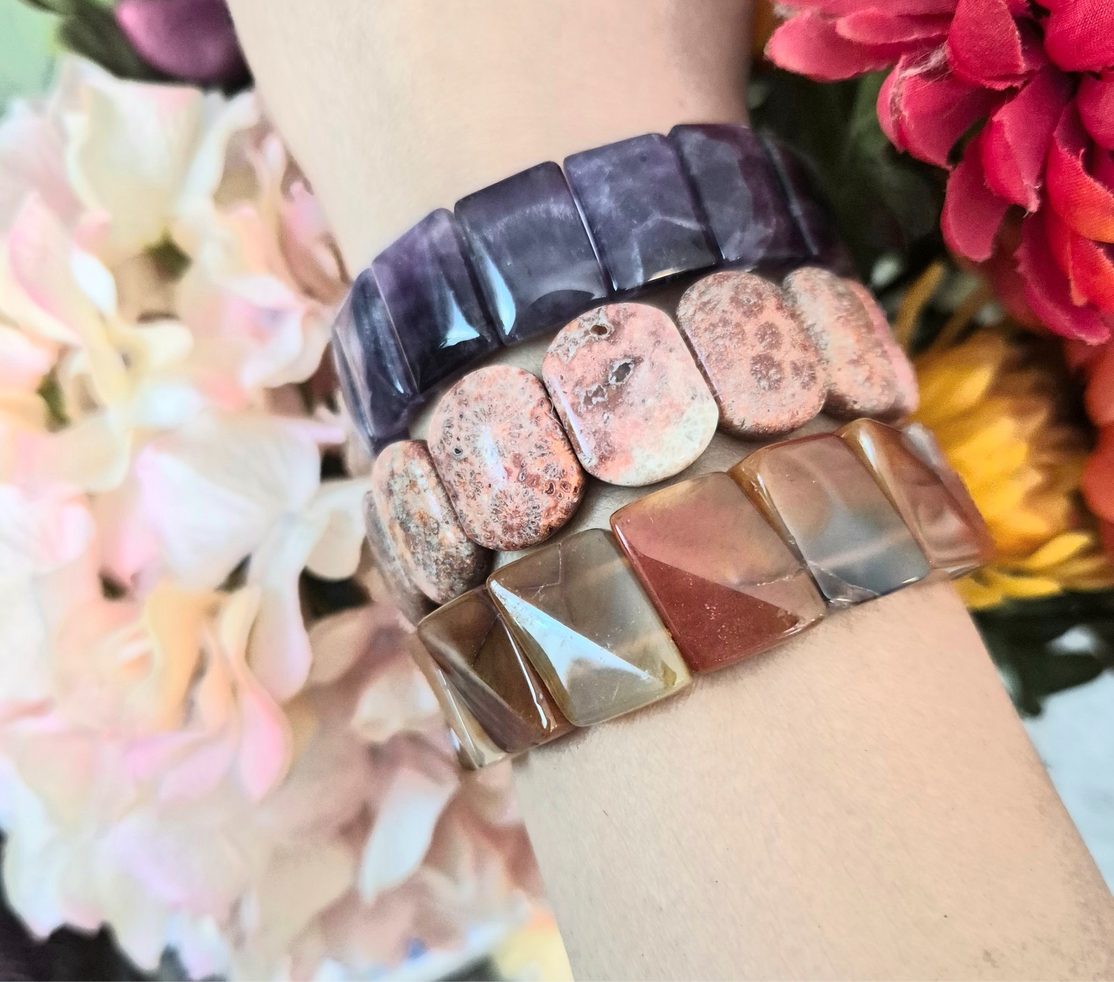 Three 19 mm flat gemstones bracelets for daily use or special occasion o