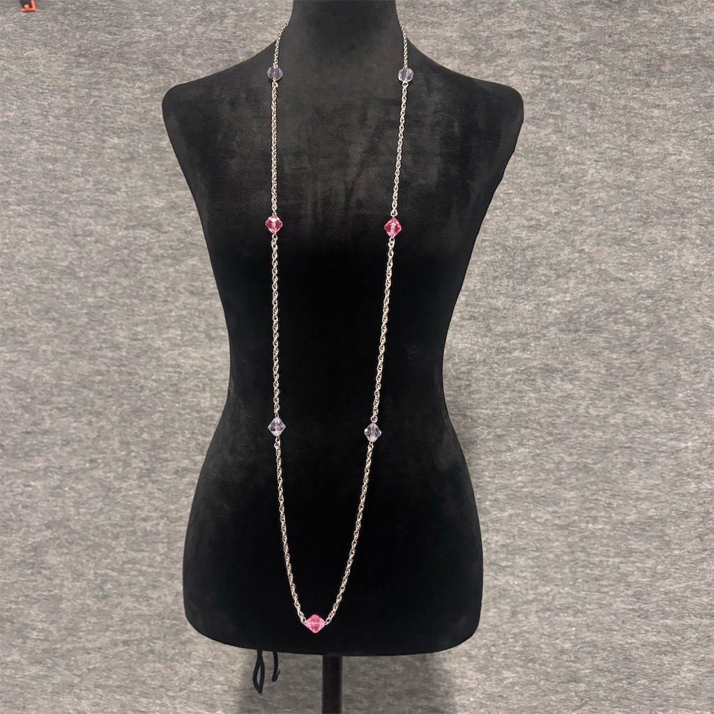 Silver Tone Station Beaded Necklace 27in Long Layered Faceted Pink Purple