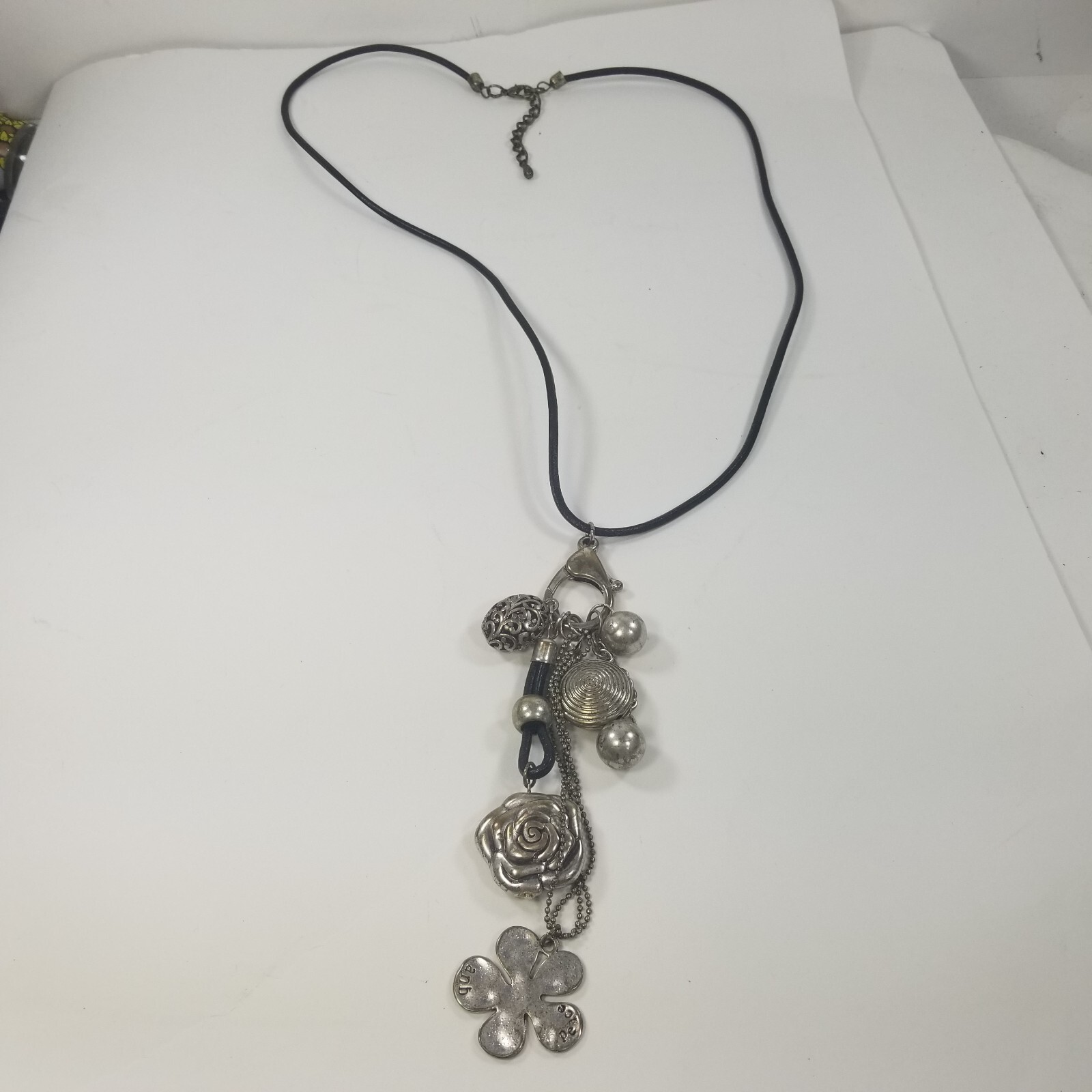 Flower Dangle Ornate Pendant Charms Necklace Silver Tone Black Cord 32-34″
