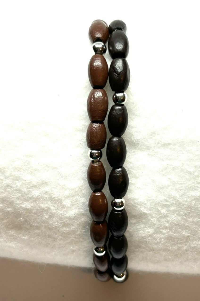 Brown & Dark Brown with silver accents Bamboo Wooden Beaded Bracelet Set Size L