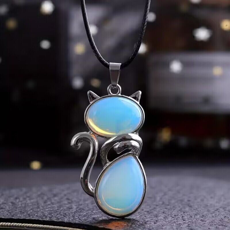 Natural Opal Crystal Stone Cat Necklace Pendant Healing Gemstone Jewelry Gift