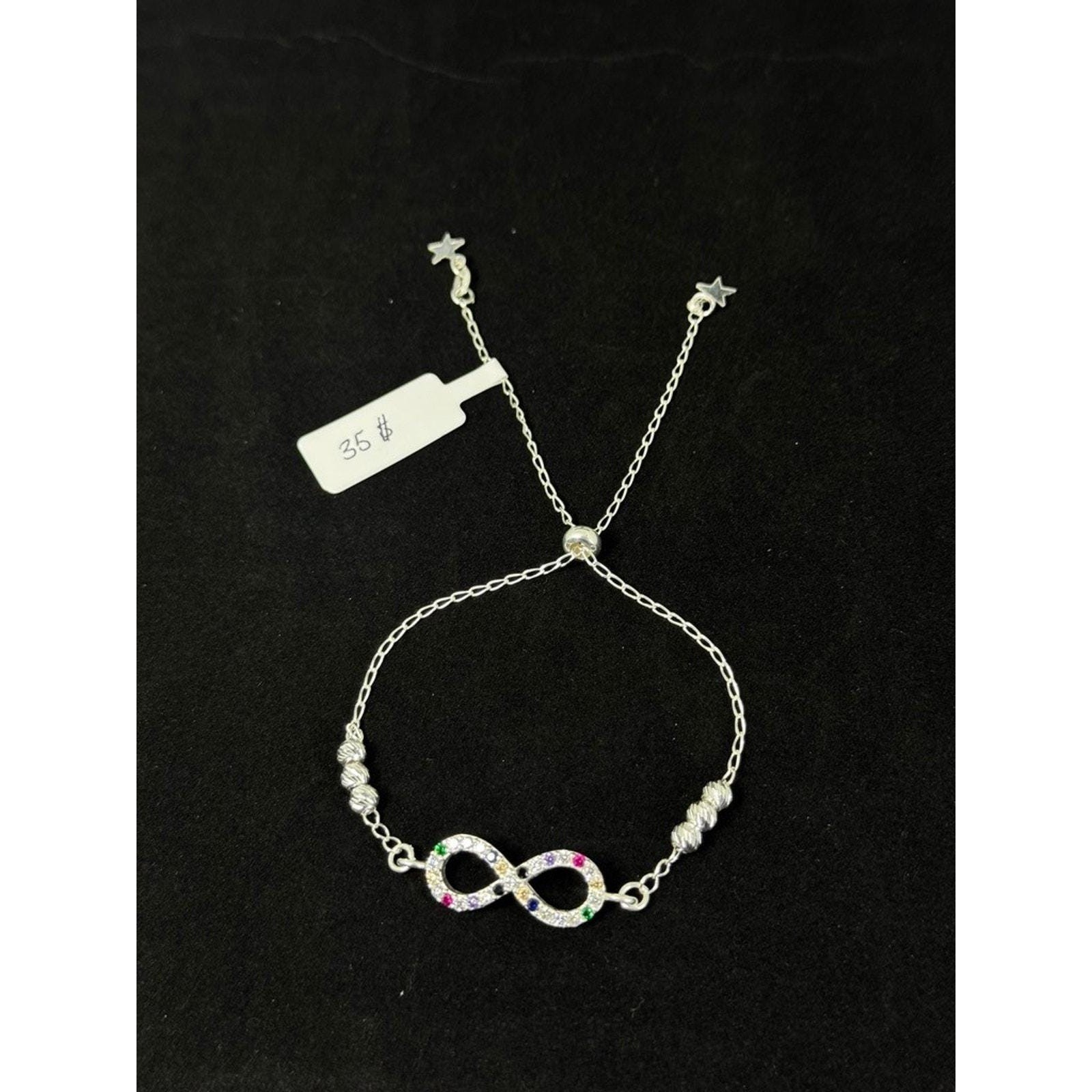 Sterling Silver Infinity Bolo Bracelet Multicolor CZ Adjustable Pull Chain
