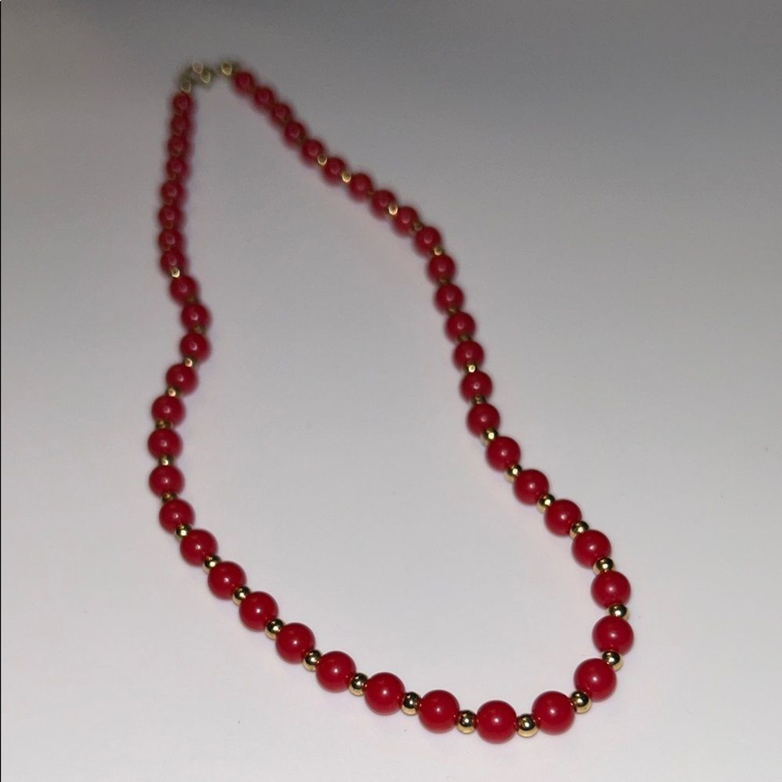 Red Beads with Gold Tone Spacers 16 Inch Necklace Vintage
