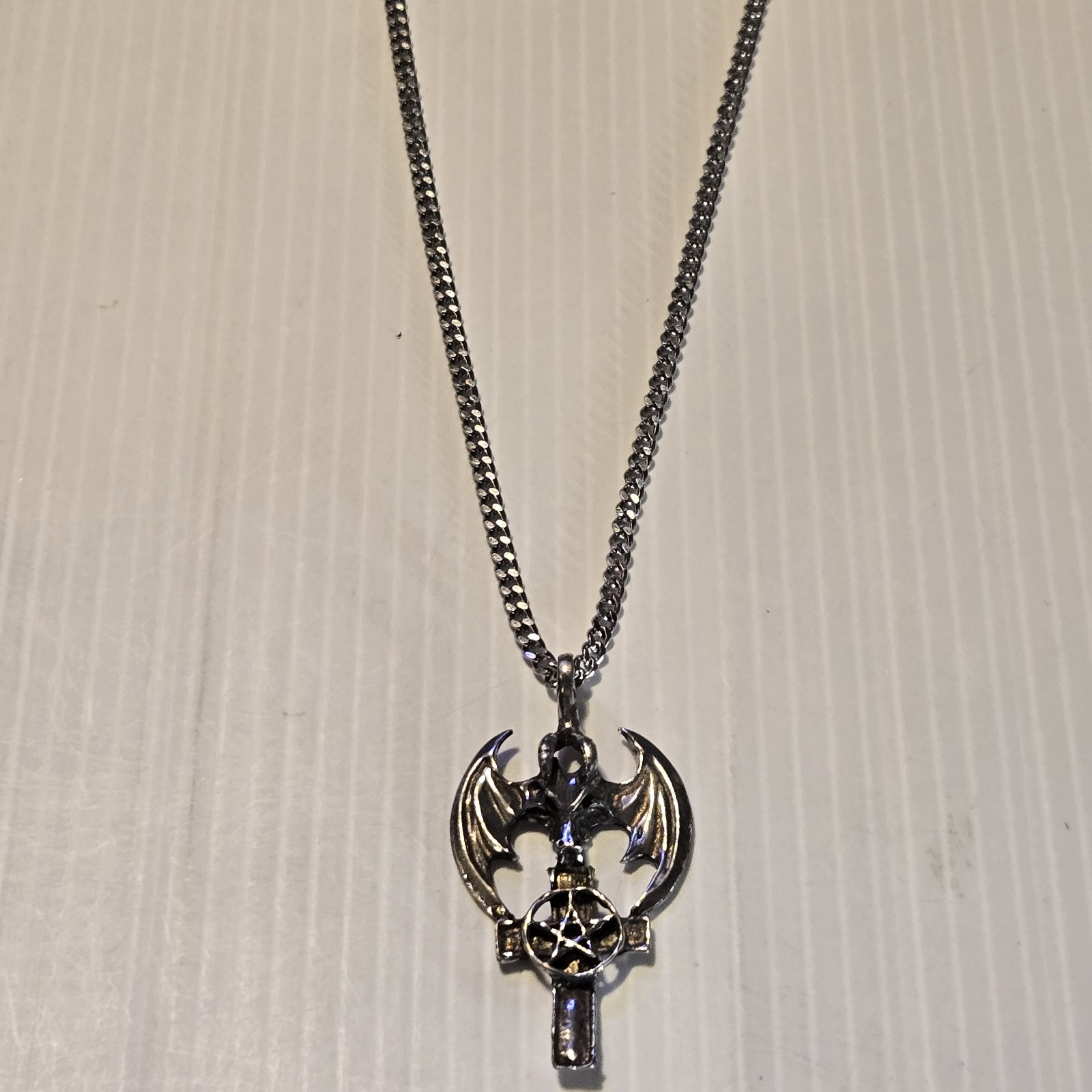 PENTAGRAM / WINGS Pewter Pendant Charm /18″-24″ STAINLESS CURB CHAIN NECKLACE